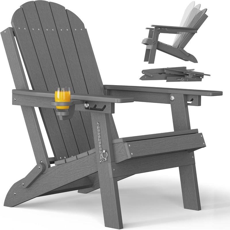 WINSOON Outdoor All-Weather HDPE Folding Adirondack Chair with Cup Holder & Adjustable Back - Grey