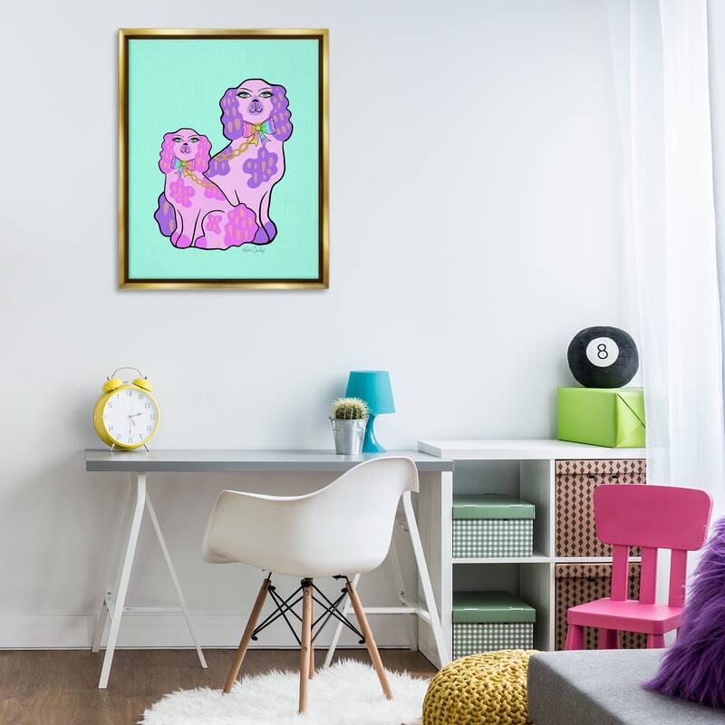 Stupell Funky Glam Dogs on Turquoise Framed Floater Canvas Wall Art Design By Katie Conley
