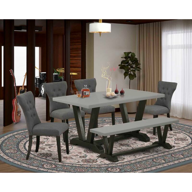 HomeStock 6-Pc Rectangle Natural Oak Finish Solid Wood Top Dining Table with 1-Bench, 4-Chairs