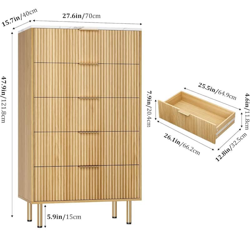 Fluted Chest 5 Drawers Dresser for Bedroom Closet Living Room Hallway