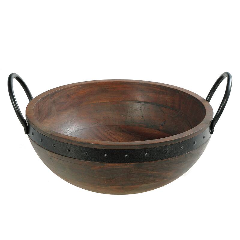 IH Casa Decor Gray Acacia Wood With Riveted Gunmetal Salad Bowl W Handle
