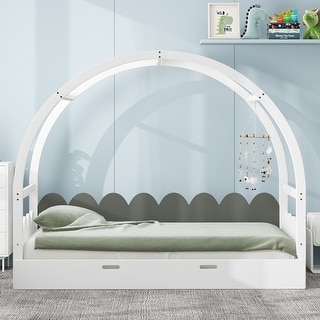 Wood Twin Size Frame Children's Bed Platform Bed with Stretchable Vaulted Roof