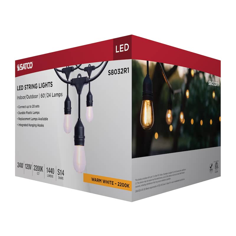 60 Foot LED String Light 24-S14 Lamps Medium Base 2200K CCT Black