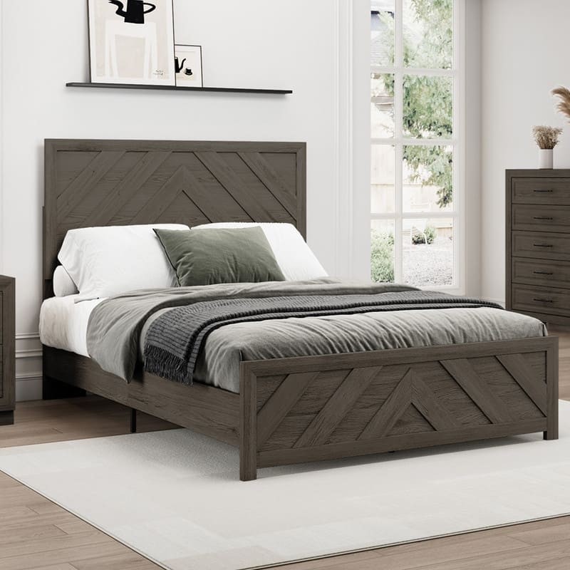 Modern MDF Bed Frame with Diagonal Striped Design - Brown