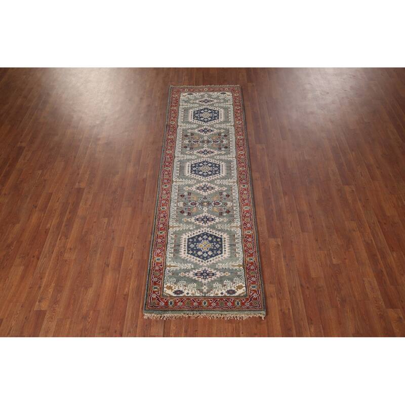 Green Geometric Viss Oriental Runner Rug Handmade Wool Carpet - 2'6"x 8'1"