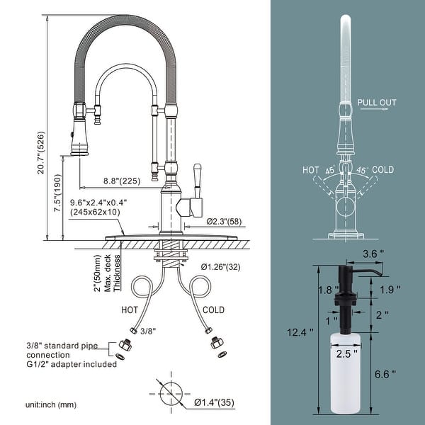 dimension image slide 0 of 12, WOWOW Single Handle Gooseneck Pull Down Sprayer Kitchen Faucet