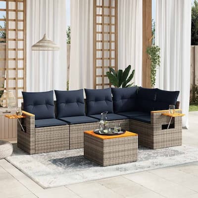 vidaXL 6 Piece Patio Sofa Set with Cushions Grey Poly Rattan (US only) - 92.1x33.5x48.8
