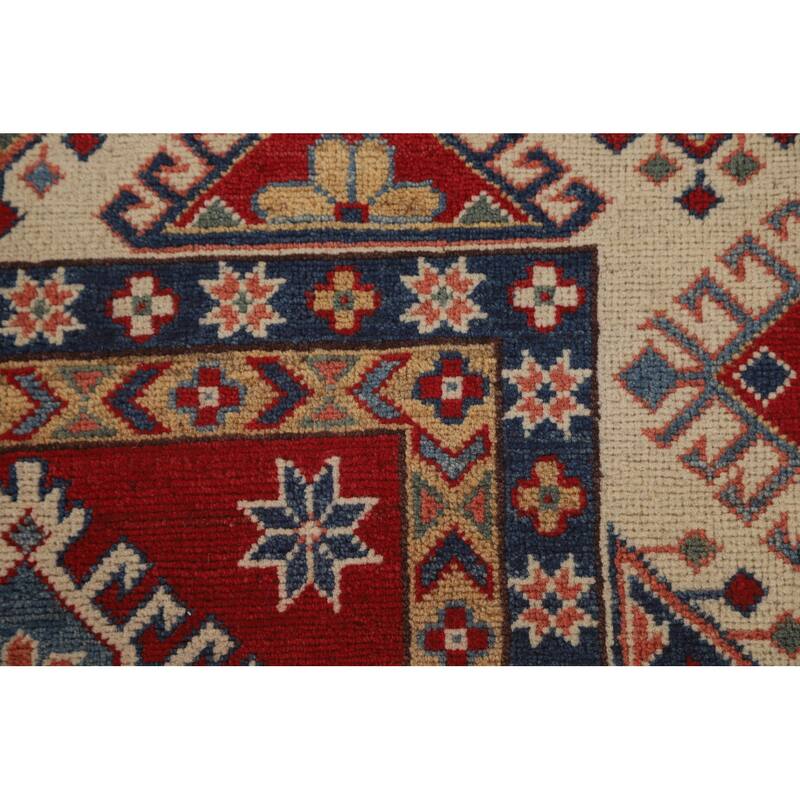 Geometric Kazak Area Rug Hand-Knotted Red Wool Carpet - 6'5" x 9'10"