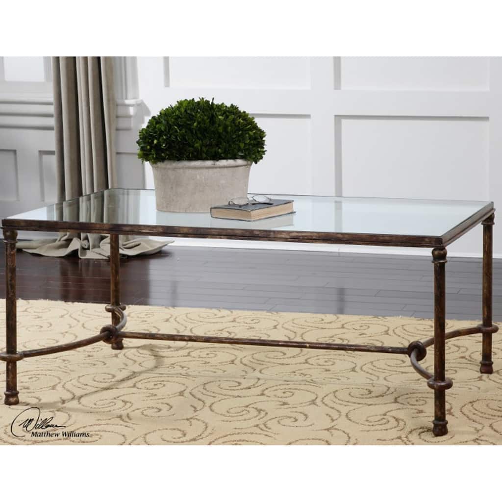 4' Rustic Bronze Patina Iron Tempered Glass Rectangular Coffee Table