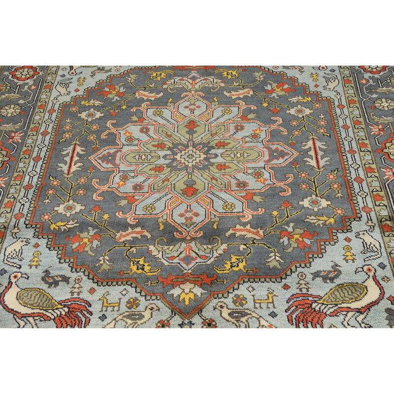 Slate Medallion Heriz Serapi Indian Area Rug Hand-Knotted Wool Carpet - 8'0" x 9'9"