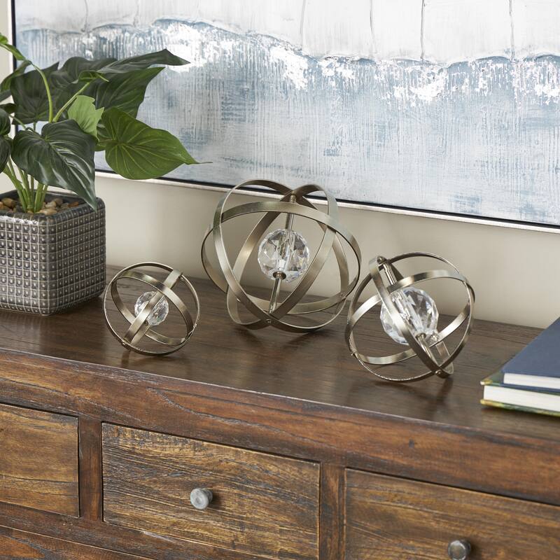 Metal Geometric Orb Decorative Sculpture with Acrylic Center - Set of 3 Gold or Silver - Roche River Decor