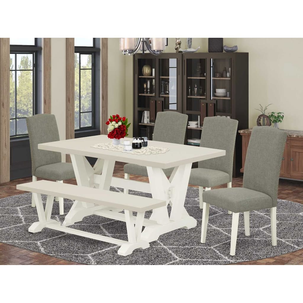 HomeStock 6-Pc Rectangle Natural Oak Finish Solid Wood Top Dining Table with 1-Bench, 4-Chairs