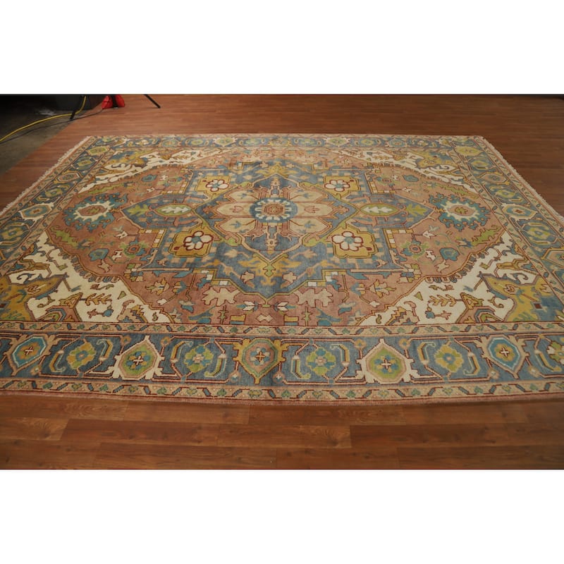 Hand Knotted Oriental 100% Wool Carpet Traditional Medallion Oranges & Rust Heriz (serapi) Area Rug - 11' 10'' X 9' 0''