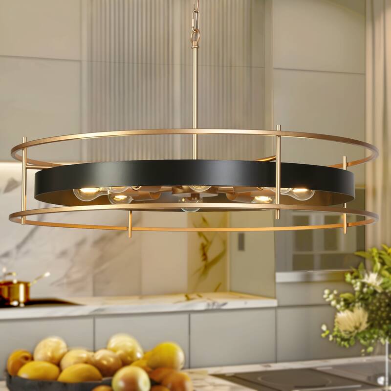 Modern Luxury 8-Light Black Gold Chandelier Wheel Kitchen Island Metal Pendant Lights for Dining Room - 31.6 " × 17.5 "