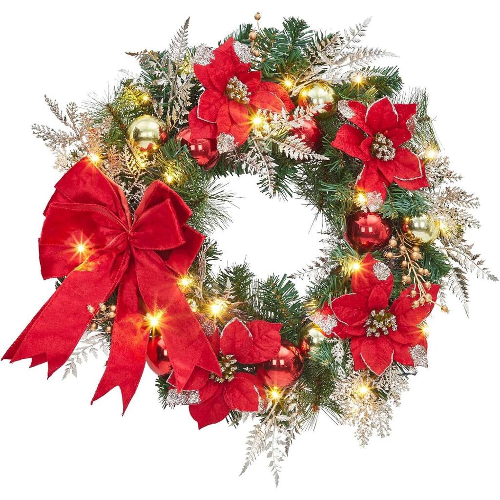 24 Inch PVC Christmas Wreath, Red Bow Garland for Front Door - N/A