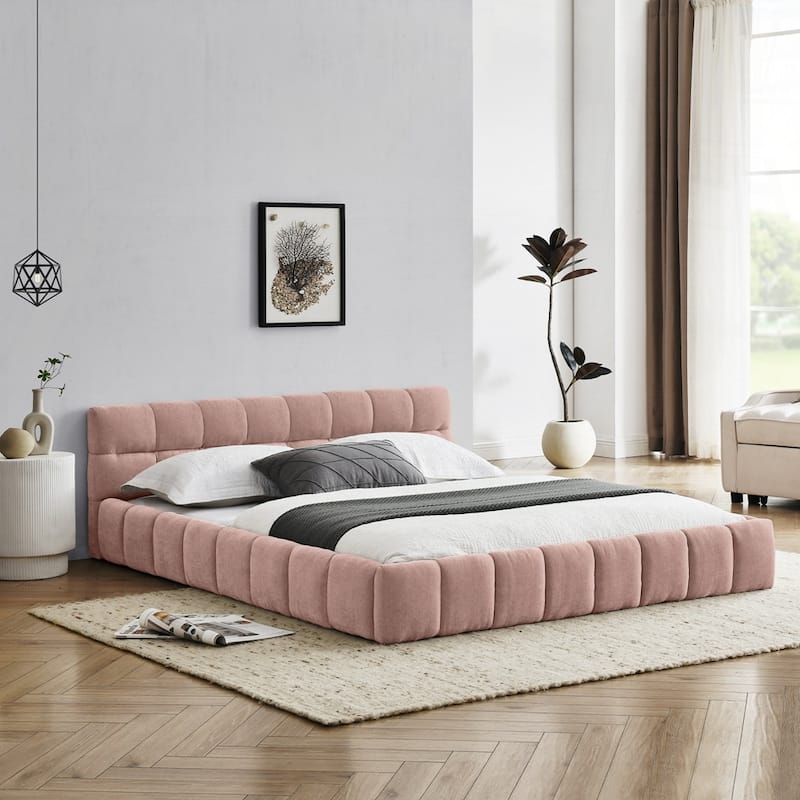 Chenille Fabric Grounded Queen Size Platform Bed with Headboard and Solid Frame