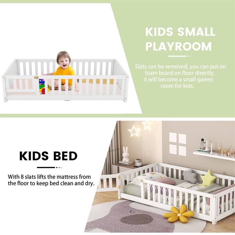 Twin Size Bed Floor Bed with Safety Guardrails and Door for Kids