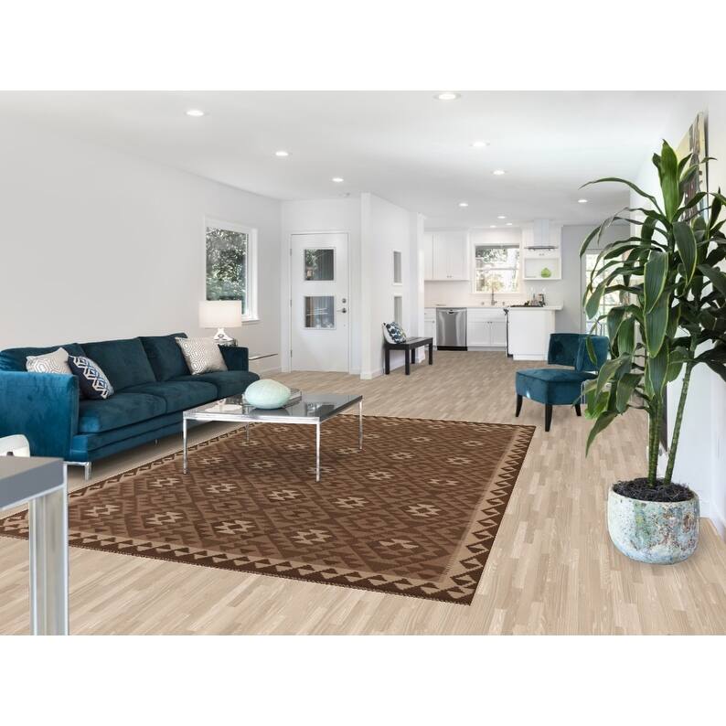 Hand Woven Oriental 100% Wool Carpet Southwestern Geometric Brown Kilim Area Rug - 9' 8'' X 6' 7''