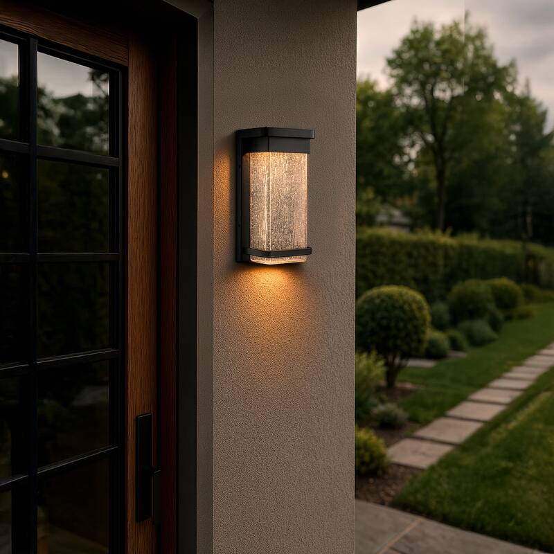 1-Light H12 in Modern Seeded Glass12W Integrated LED Outdoor Wall Sconce with Dusk to Dawn Sensor in Matte Black for Porch Patio