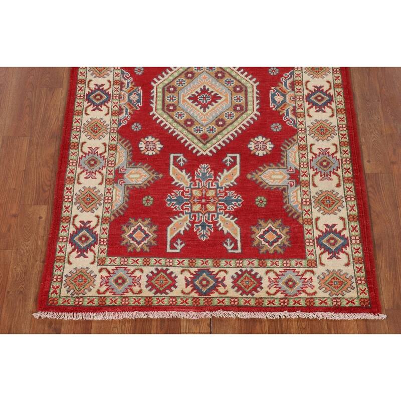 Geometric Red Kazak Accent Rug Handmade Wool Carpet - 3'2" x 5'1"