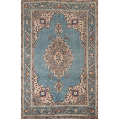 Distressed Blue Tabriz Vintage Persian Rug Handmade Floral Wool Carpet - 6'6" x 9'9"