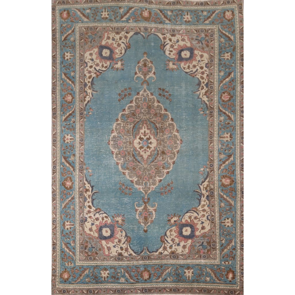 Distressed Blue Tabriz Vintage Persian Rug Handmade Floral Wool Carpet - 6'6" x 9'9"