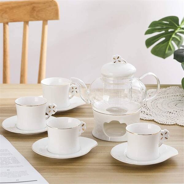 Clear Glass Teapot Tea Set ,Includes 4 Small Ceramic Tea Cups and Saucers 1  Ceramic Warmer Base,Glass Tea Kettle with Strainer - Bed Bath & Beyond -  33151545