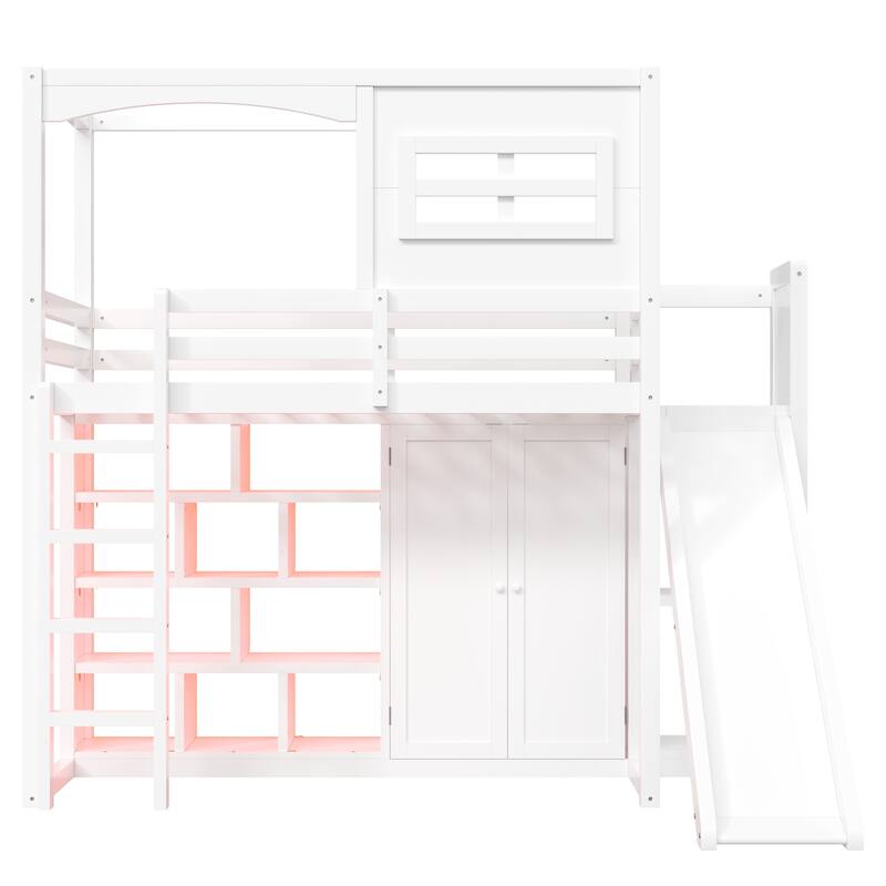 GDFStudio - Solid Wood Loft Bed with Wardrobe, Slide, Storage Shelves & LED