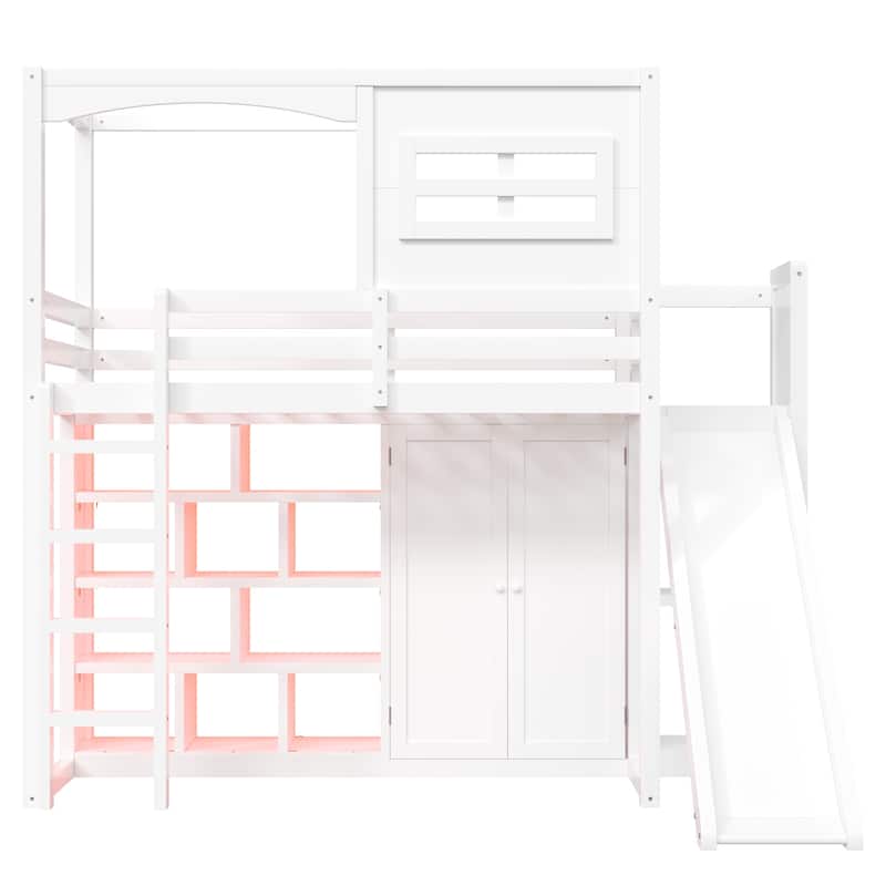 White Twin Size Wood Loft Bed with Slide, Wardrobe, Storage Shelves, LED Light, and House Frame