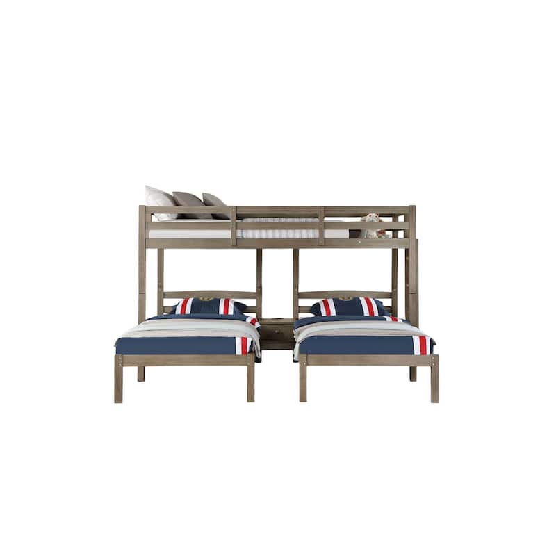 Tenn Triple Twin Bunk Bed, Built In Nightstand and USB Port, Gray Wood
