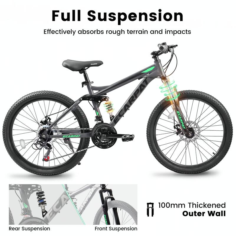24 Inch Mountain Bike with Full Suspension,21 Speed Grip Shifters