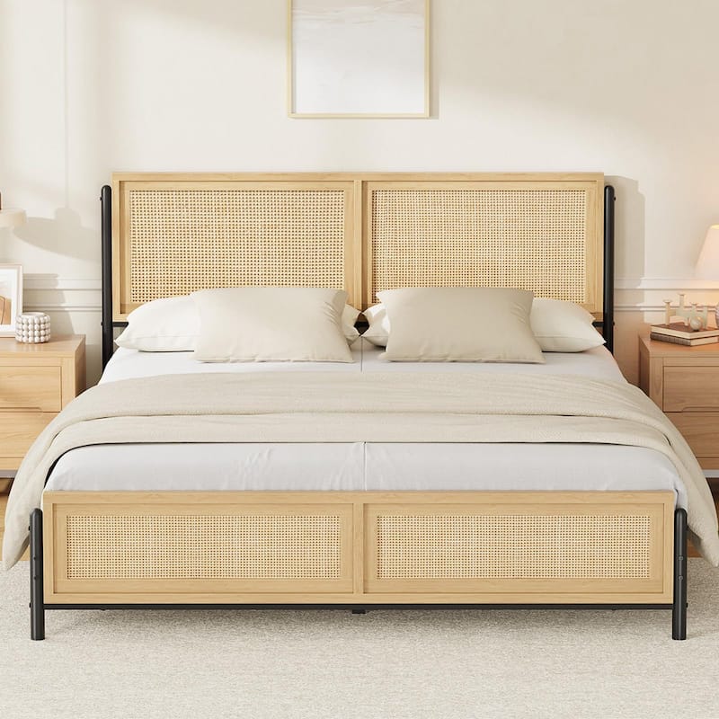 Boho Bed Frame with Natural Rattan Headboard and Footboard - Full