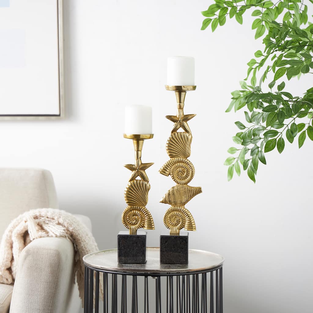 Gold or Silver Aluminum Metal Shell Candle Holder with Black Marble Bases (Set of 2)