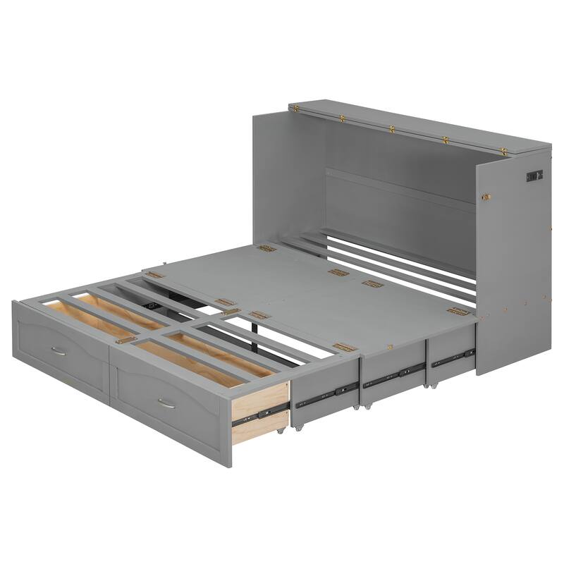 Queen Size Murphy Bed with USB Ports, Drawers, and Pulley Structure Design