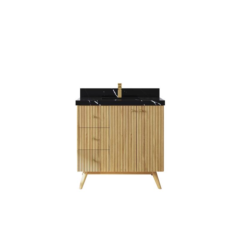 Willow Collections 36 in. W x 22 in. D Pasadena Solid Teak Center Sink Bathroom Vanity with Countertop - 2"Calacatta Black - Light Natural