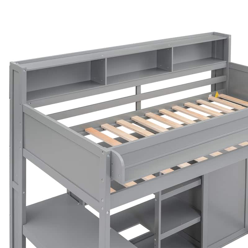 Twin Size Loft Bed with Storage Shelves, Wardrobe, and Built-in Desk, Gray