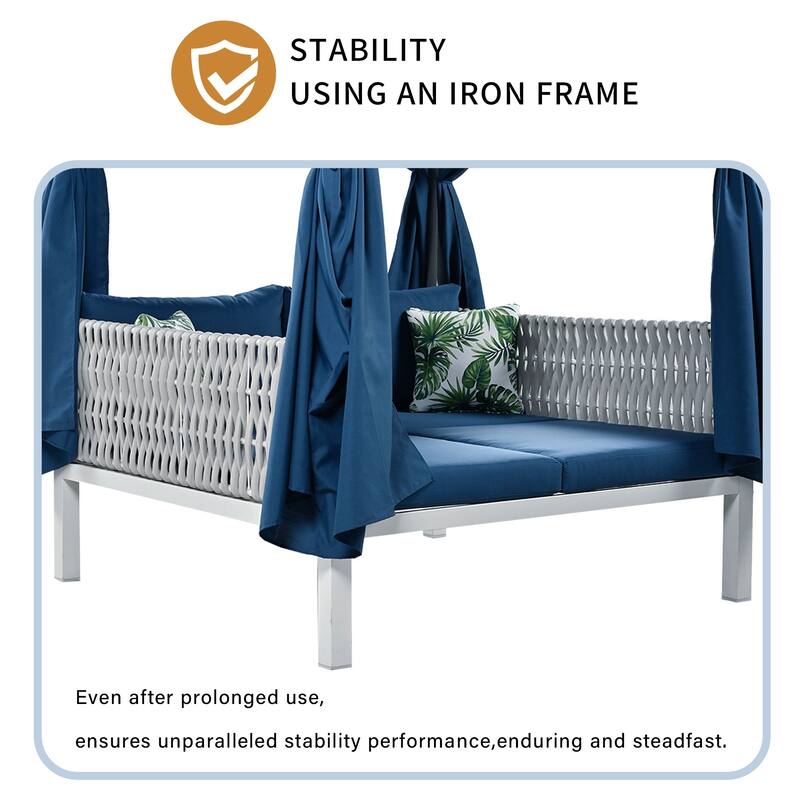 Outdoor Double Daybed Iron Patio Sunbed with Curtains and Removable Cushions