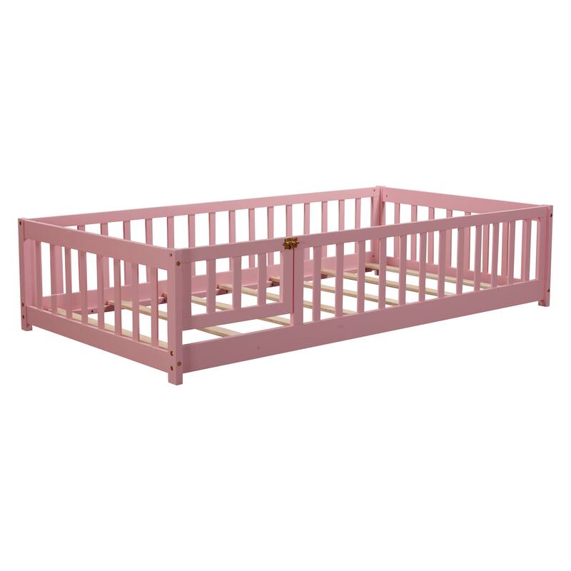 Floor Bed with Fence,Door and Safety Guardrails,Perfect for Kids' Play,Sleep and Development