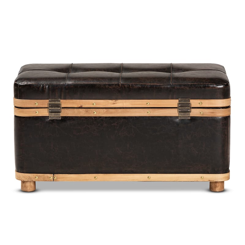 Gendry Modern Rustic Faux Leather and Wood Storage Ottoman Large