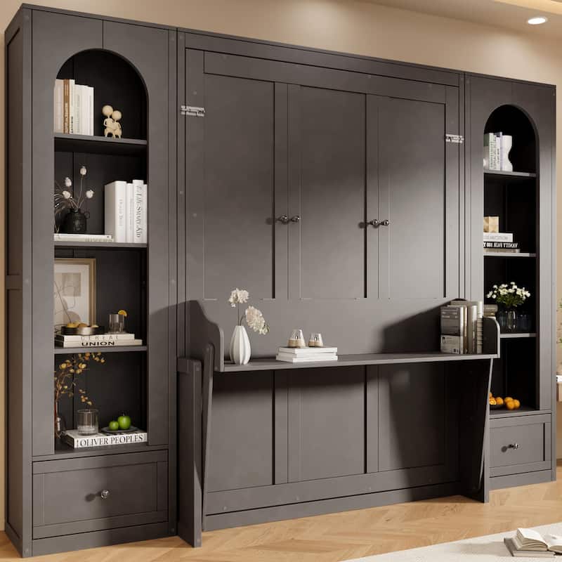 Queen Size Murphy Platform Bed with Storage Space and LED Lights by Harper&Bright Designs