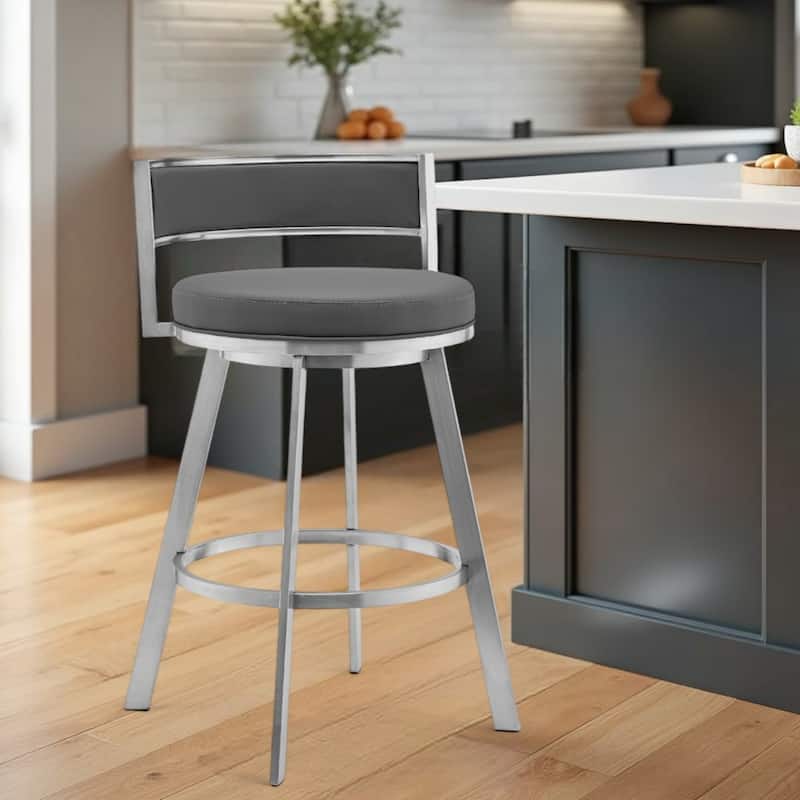 Grey Faux Leather Swivel Counter Bar Chair with Arms and Footrest - 20” x 20” x 34” (D x W x H)