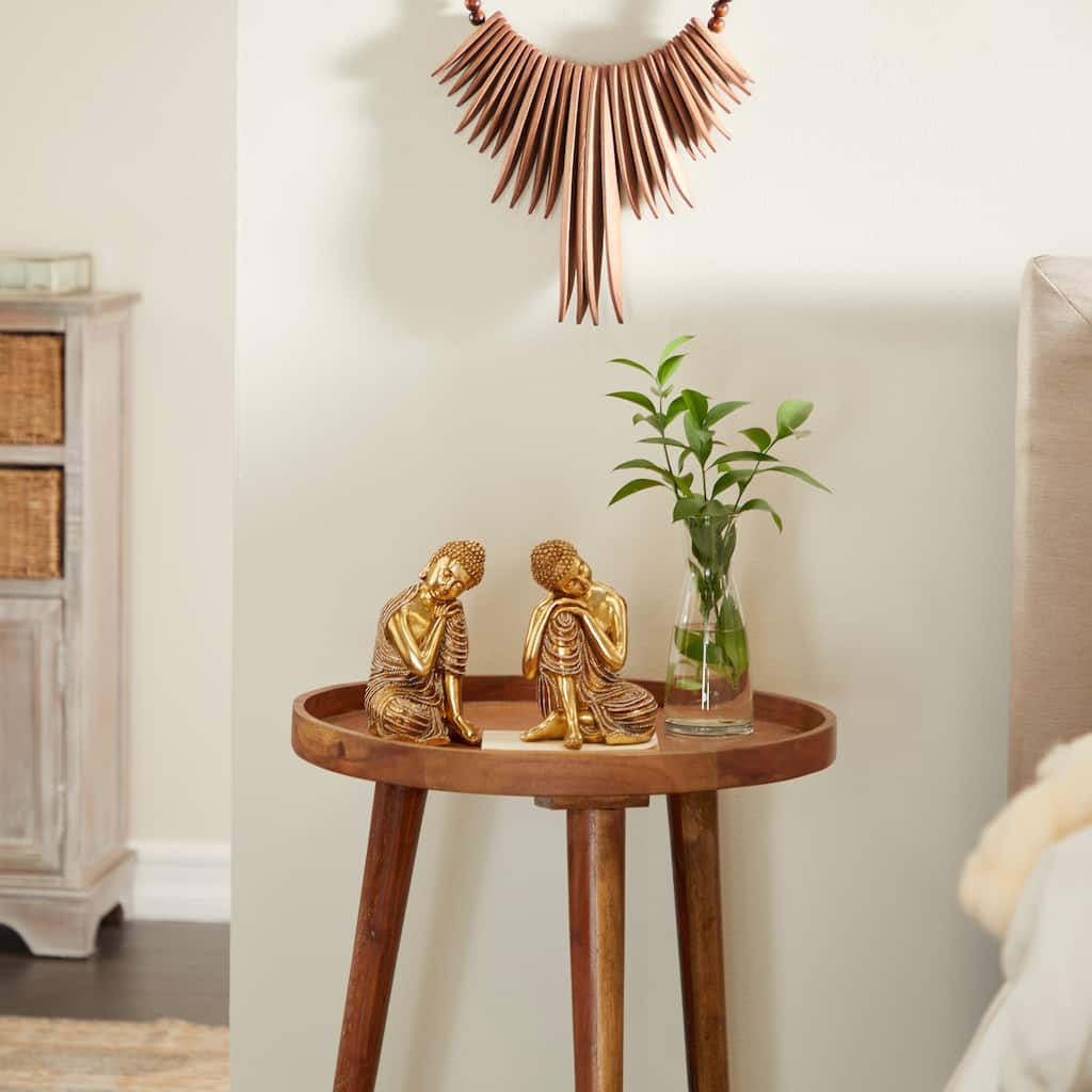 Gold Polystone Traditional Buddha Sculpture with Engraved Carvings and Relief Detailing (Set of 2) - 5 x 4 x 7