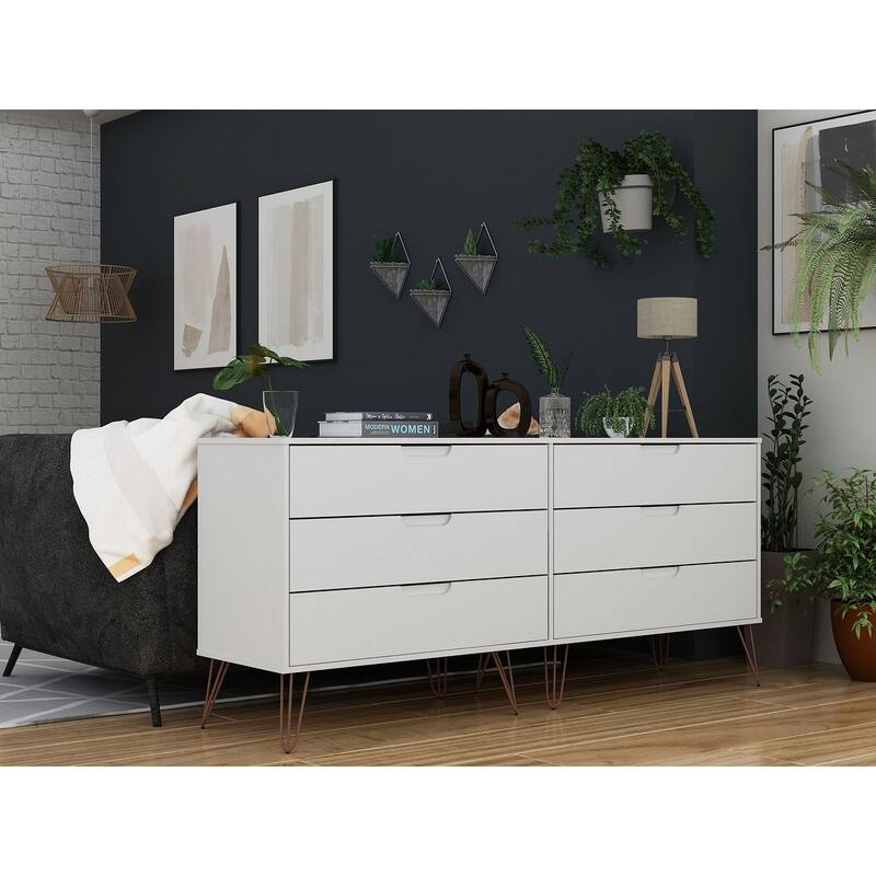 Manhattan Comfort Rockefeller 6-Drawer Double Low Dresser with Metal Legs