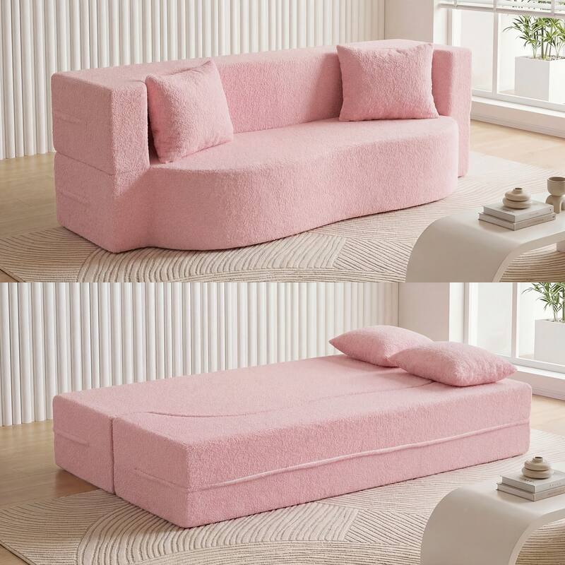 Gymax 75.5'' Folding Sofa Bed w/2 Comfortable Pillows No Assembly - Pink