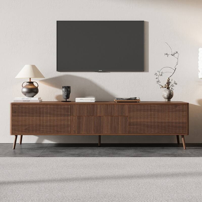 Modern Fluted 70" TV Stand for TVs up to 80", Entertainment Center TV Media Console Table with Storage Drawers - Walnut