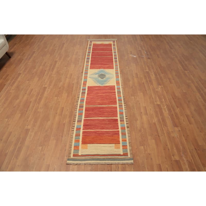 Hand Woven Oriental 100% Wool Carpet Southwestern Tribal Oranges & Rust Kilim Runner Rug - 12' 1'' X 2' 8''