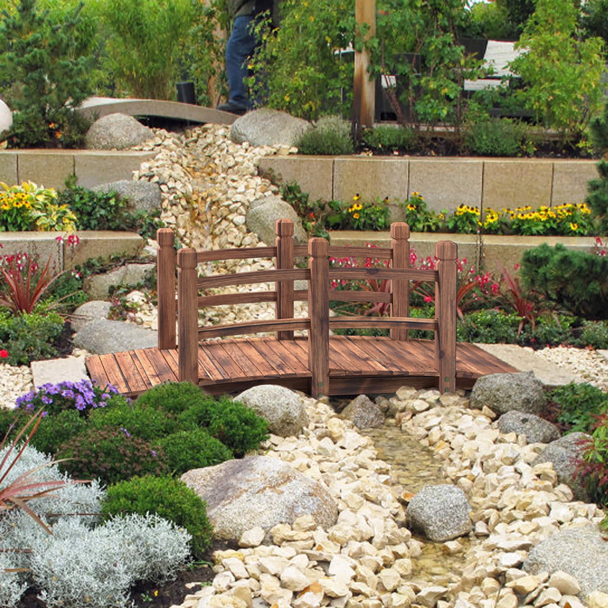 5 Ft Garden Bridge Wooden Arc Bridge with Guardrails - On