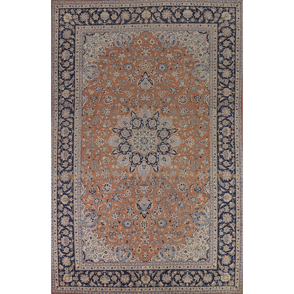 Orange Floral Najafabad Persian Vintage Large Rug Handmade Wool Carpet - 9'8" x 14'1"