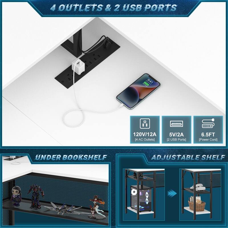 L Shape Computer Desk Reversible Gaming Desk with Charge Station and LED Light