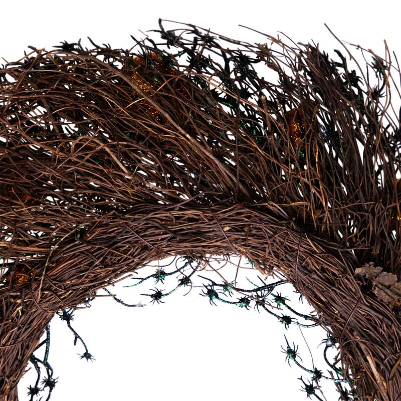 Black & Orange Skulls & Spiders Halloween Twig Wreath, 22-Inch